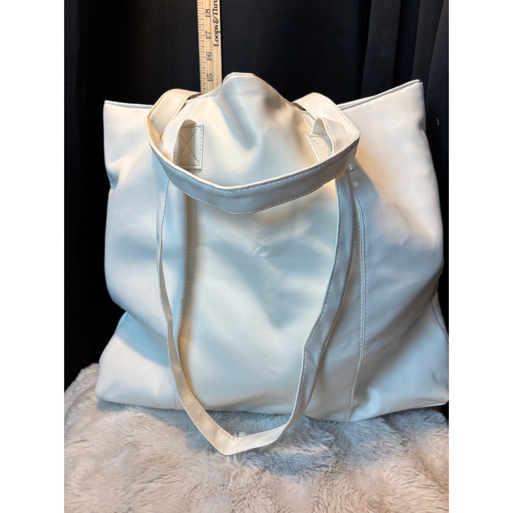 Cream Faux Leather Large Tote Bag Gold Bead Drawstring Shoulder Bag Minimalist